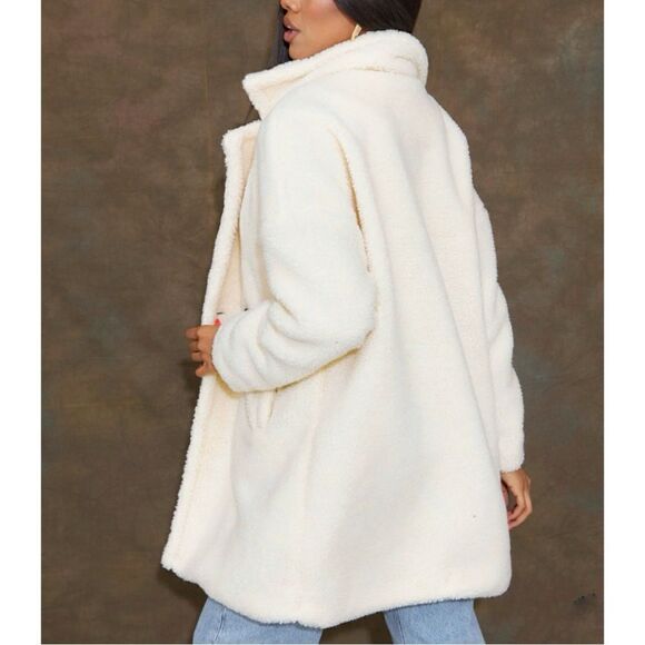 Pretty Little Thing Faux Sherpa Double Breasted Teddy Coat Cream 10 Borg Lapel - Picture 6 of 16